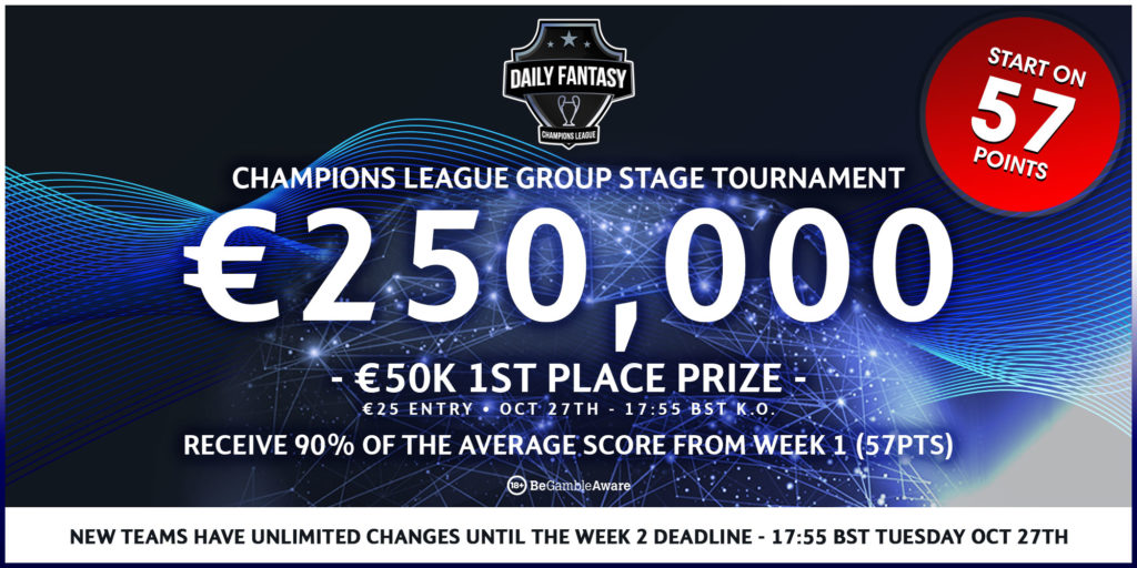 Get late entry to FanTeam’s €250k Champions League game and start on 57 points