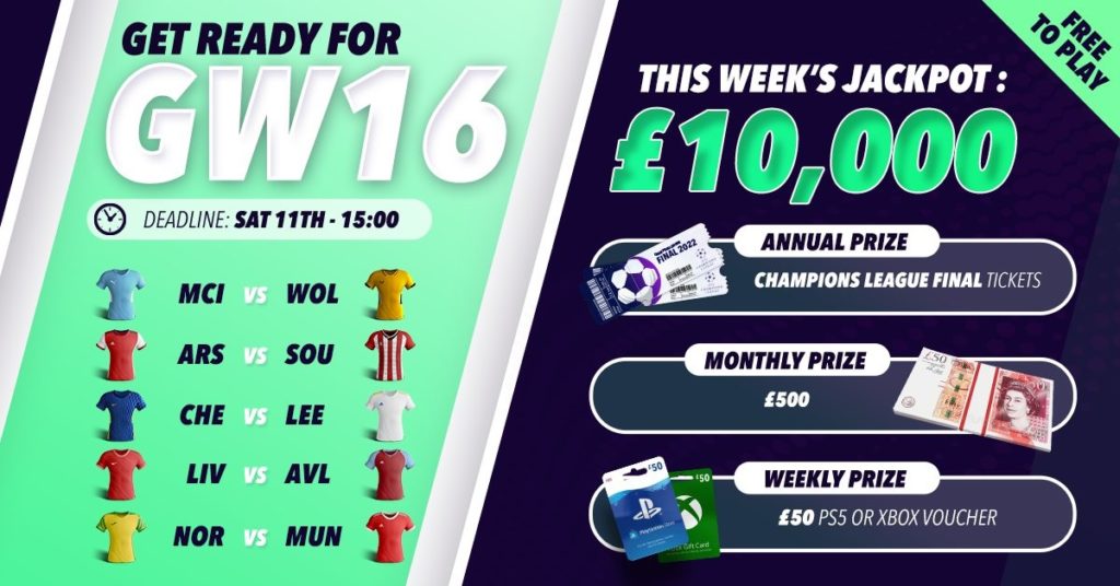 Win £10,000 for free with Fantasy5 by picking the best players for Gameweek 16 11
