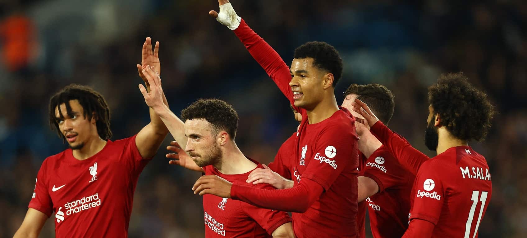  Liverpool players celebrate a goal during their match against Leeds United in Gameweek 34 of the 2022-23 Fantasy Premier League season.
