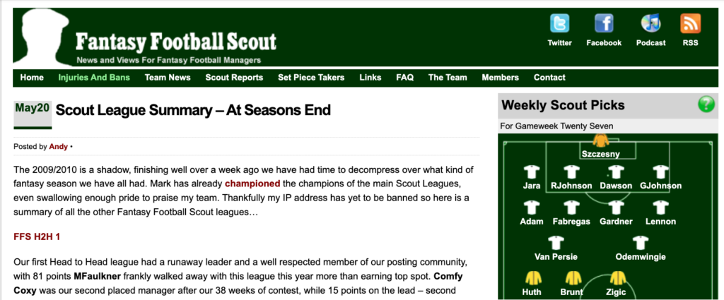 Screenshot of the Fantasy Football Scout website from 2010 showing a round up from the 2009/10 season
