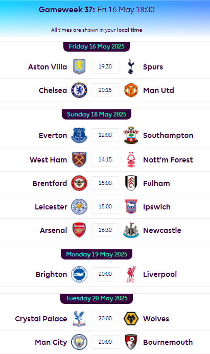 When is the FPL Gameweek 37 deadline? 1