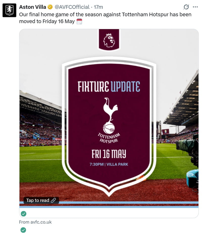 Official: Villa v Spurs moved but stays in Gameweek 37