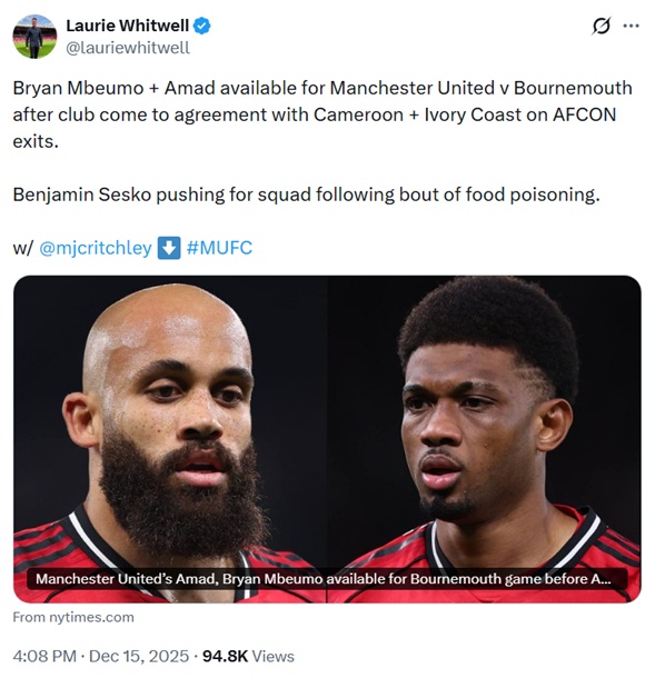 Mbeumo + Amad are available for Monday night match